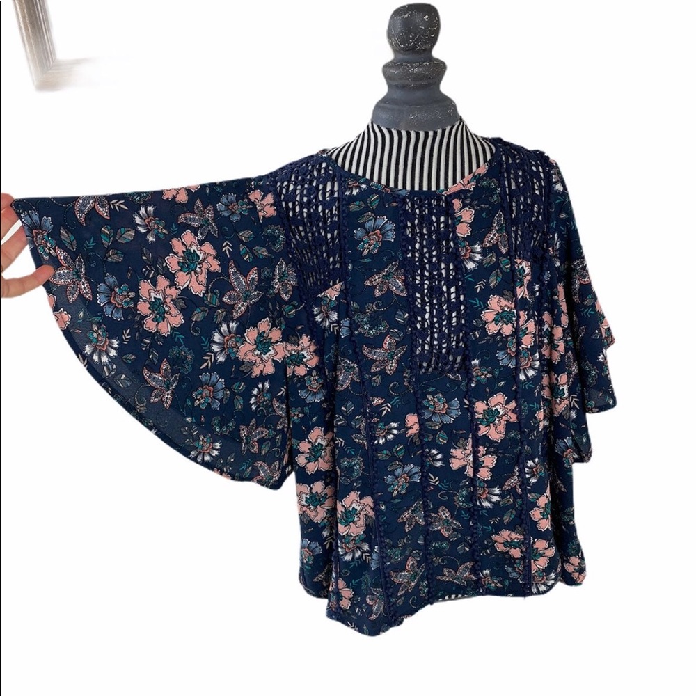 Knox Rose Boho Navy Blouse with Pink Flowers